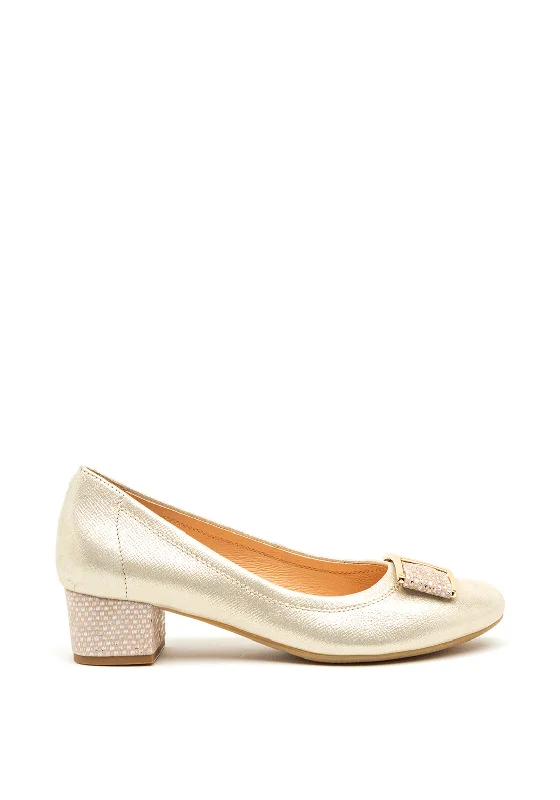 Trendy Chunky Heel Pumps for Casual Wear--Bioeco by Arka Shimmer Leather Block Heel Pumps, Gold