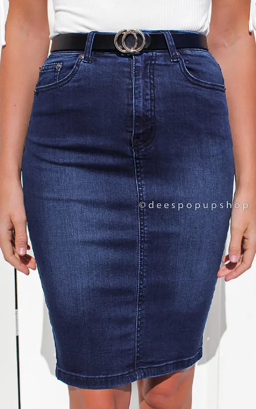 Women's light blue denim skirts for springtime looks -Birdie Denim Skirt - Dark Blue Women's light blue denim skirts for springtime looks -Birdie Denim Skirt - Dark Blue