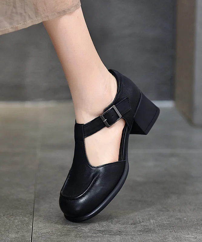 Black Chunky Handmade Cowhide Leather Chic Splicing Buckle Strap---Comfortable Leather Pumps for Office and Everyday Wear