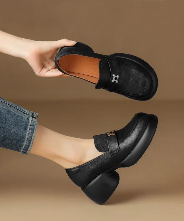 Trendy Chunky Heel Pumps for Casual Wear--Black Chunky Sheepskin Chic Splicing Loafer Shoes