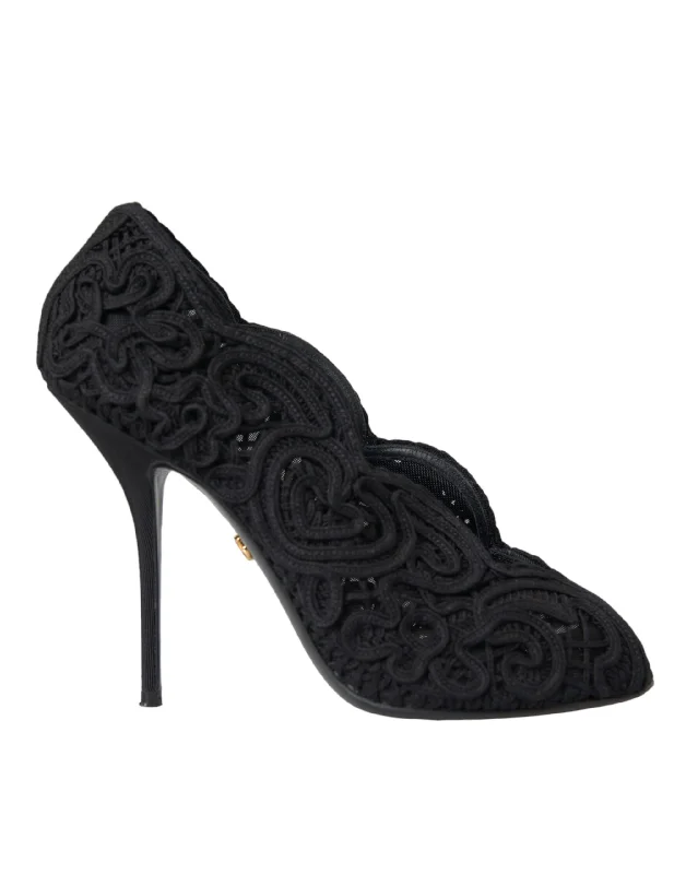 Stylish Open Toe Heels for Summer--Black Cordonetto Ricamo Pump Open Toe Shoes