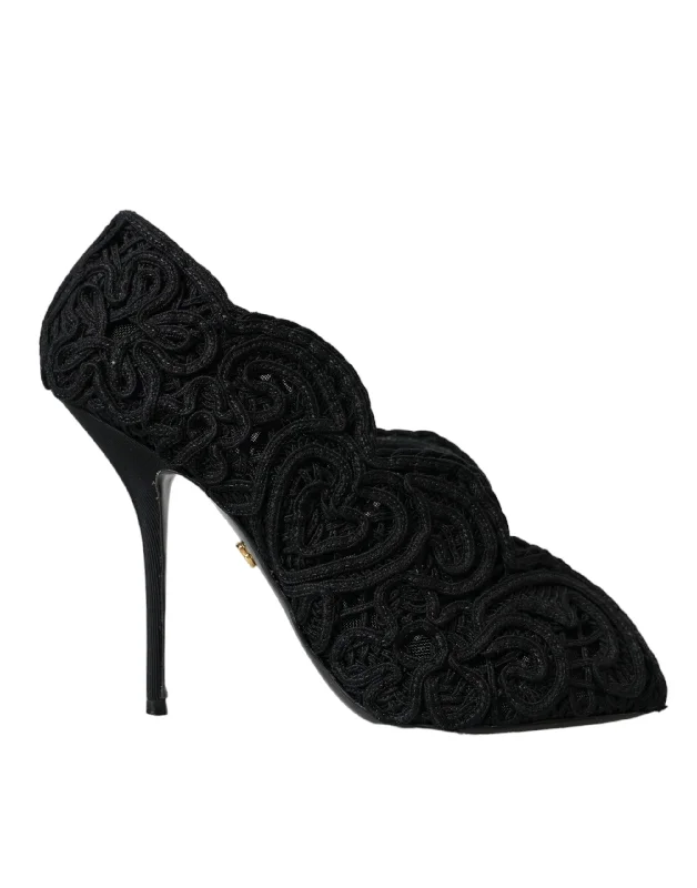 Stylish Open Toe Heels for Summer--Black Cordonetto Ricamo Pump Open Toe Shoes