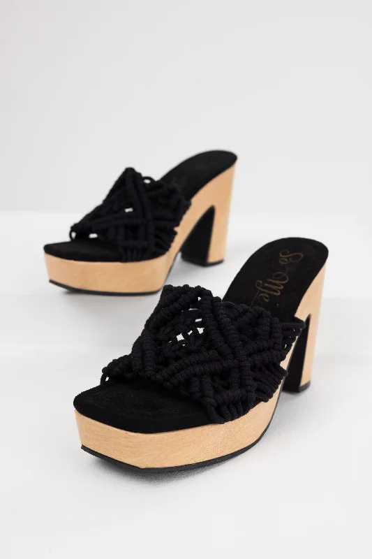 Stiletto Heel Pumps with Perfect Fit--Black Crochet Strap Faux Wood Heels-Fashionable & Classic