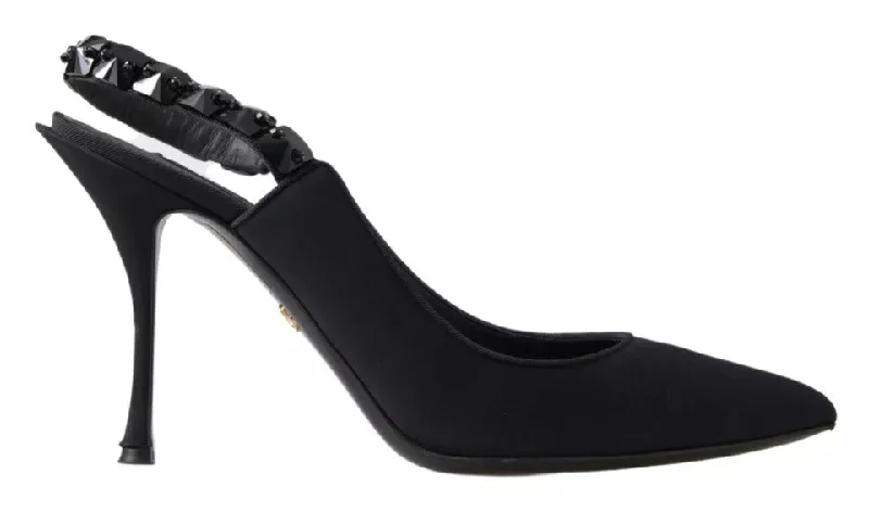 Black Embellished Charmeuse Slingback Heels Shoes---Chic Embellished Pumps for a Glamorous Look