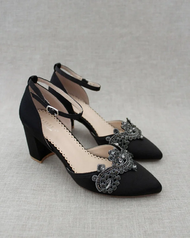 Trendy Chunky Heel Pumps for Casual Wear--Evening Block Heel with Rhinestones Detail