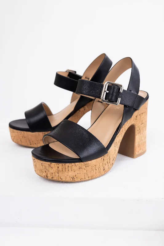 Black Faux Leather Strapped Chunky Heels---Comfortable Leather Pumps for Office and Everyday Wear