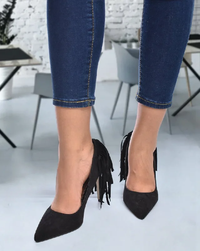 Black Fringe Heels---Fashionable Kitten Heels for Date Night