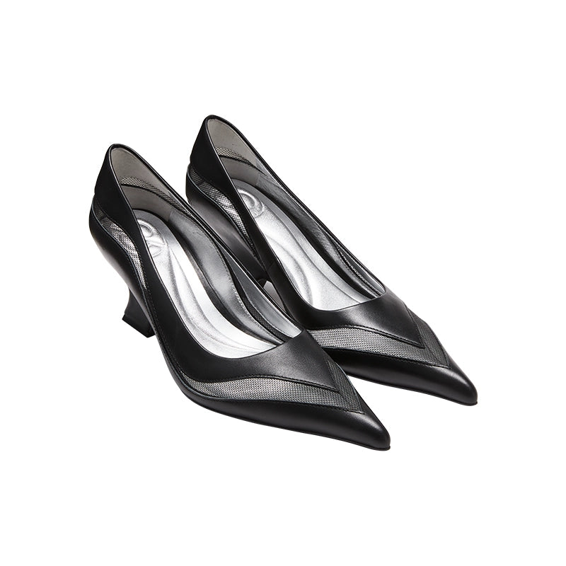 Stiletto Heel Pumps with Perfect Fit--Black & Gray Mesh Patchwork Pointed Toe Heels-Fashionable & Classic