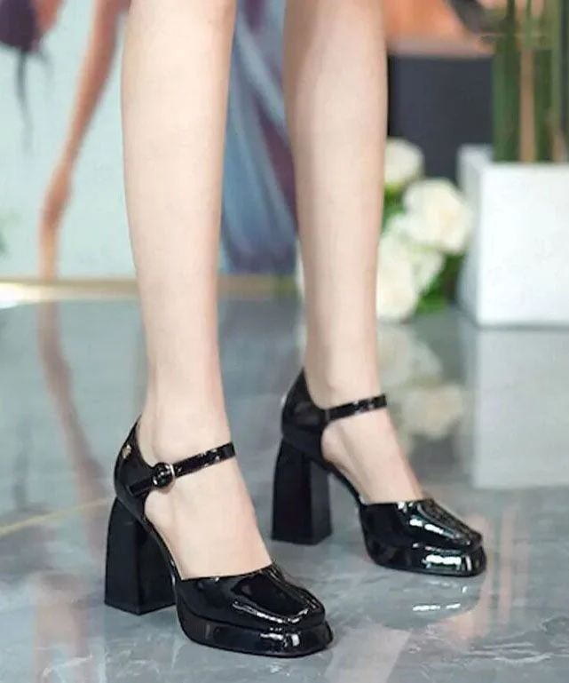 Black High Heels Chunky Cowhide Leather Plus Size Buckle Strap Platform Heels---Comfortable Leather Pumps for Office and Everyday Wear