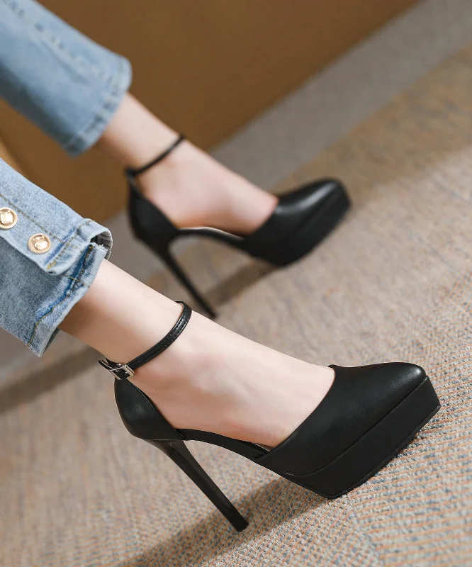 Black High Heels Faux Leather Beautiful Splicing Buckle Strap---Comfortable Leather Pumps for Office and Everyday Wear