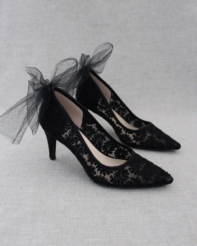 Lace Evening Shoes with Tulle Back Bow---Elegant Evening Heels for Weddings and Parties