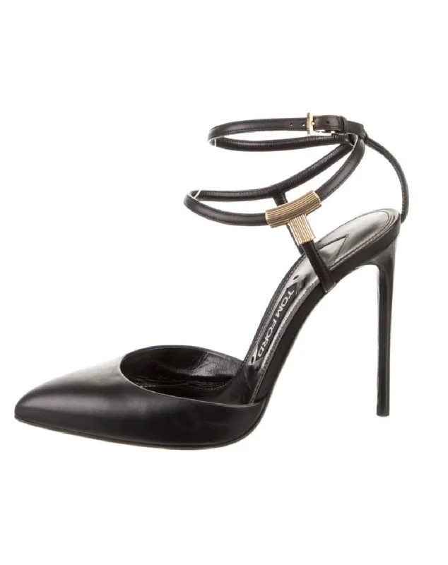 Stylish Ankle Strap Heels for Women--Black Leather Gold Ankle Strap Heel