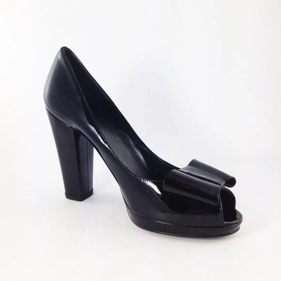 Trendy Peep Toe Platform Heels Crafted from Genuine Leather--Black Leather Peep Toe Bow Heels