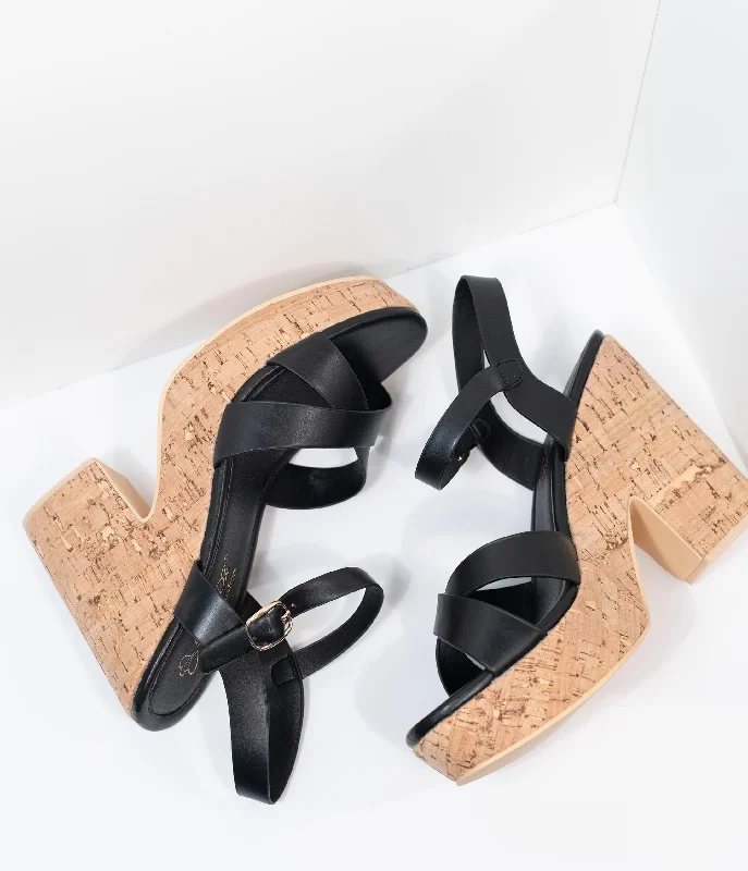 Black Leatherette & Cork Stacked Platform Heels---Comfortable Leather Pumps for Office and Everyday Wear