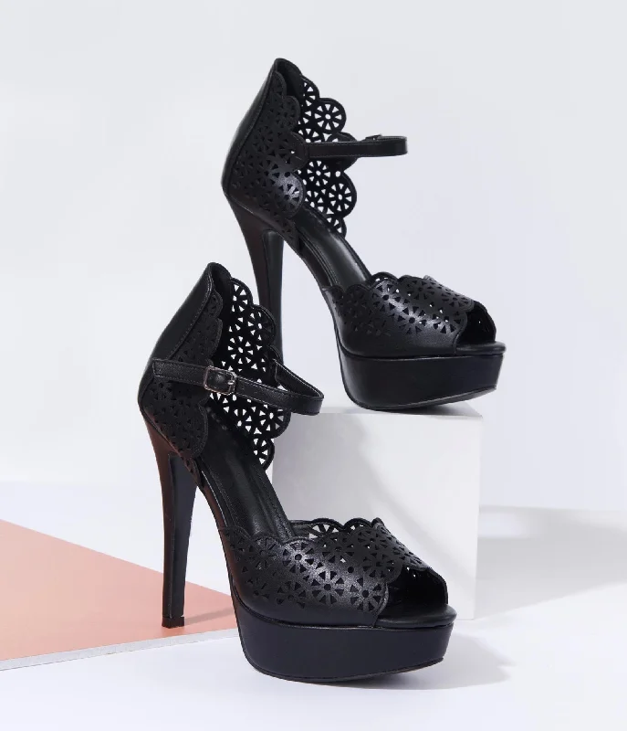 Black Leatherette Faux Lace Platform Heels---Comfortable Leather Pumps for Office and Everyday Wear