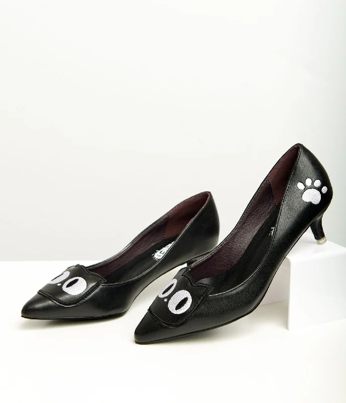 Black Leatherette Kitty Cat Lover Heels---Comfortable Leather Pumps for Office and Everyday Wear