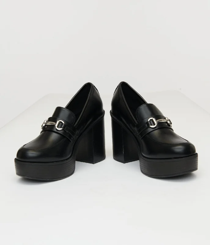 Trendy Chunky Heel Pumps for Casual Wear--Black Leatherette Loafer Heels