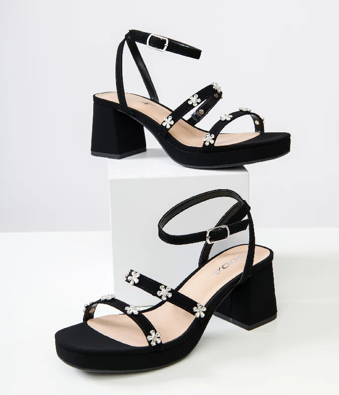 Affordable Rhinestone Pumps for a Dazzling Look---Black Leatherette & Rhinestone Floral Platform Heels