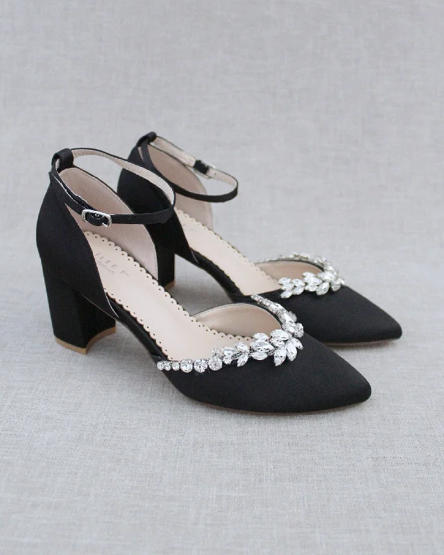 Trendy Chunky Heel Pumps for Casual Wear--Marquise Rhinestone Block Heel Evening Shoes