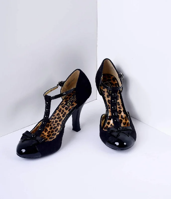 Affordable Suede Ankle Pumps for All-Day Wear--Black Microsuede Button Up T-Strap Heels