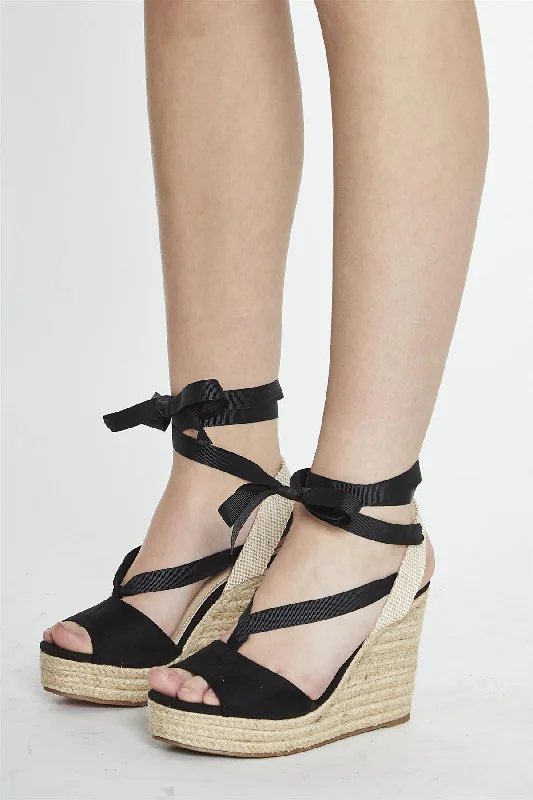 Stylish Open Toe Heels for Summer--Black Open Toe Lace Up Heeled Wedges