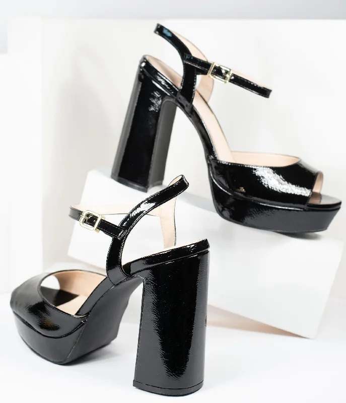 Sleek and Shiny Patent Pump Heels for a Polished Look--Black Patent Leatherette Peep Toe Platforms