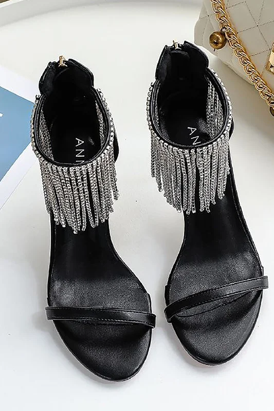 Affordable Rhinestone Pumps for a Dazzling Look---Black Rhinestone Thick High Heels