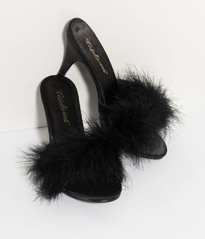 Trendy Peep Toe Platform Heels Crafted from Genuine Leather--Black Satin & Marabou Feather Peep Toe Amour Heel Slipper