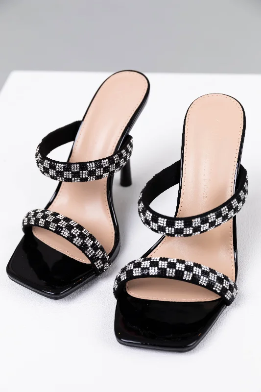 Affordable Rhinestone Pumps for a Dazzling Look---Black and Silver Checkered Rhinestone High Heels