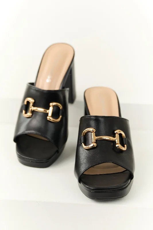 Stylish Slip-On Pumps for Quick Elegance---Black Slip On Gold Buckle Strap Block Heels