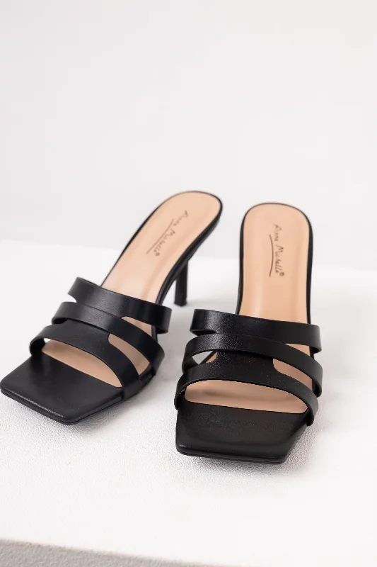 Black Square Toe Cut Out Strap Heels---Durable Square Toe Block Heels for Everyday Use