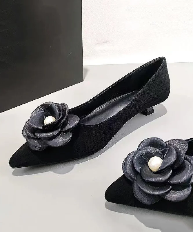 Black Suede Floral Splicing Kitten Shoes Pointed Toe---Fashionable Kitten Heels for Date Night