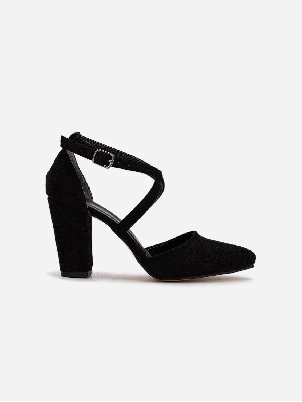 Affordable Suede Ankle Pumps for All-Day Wear--Sina Vegan Suede Strappy Heels | Black