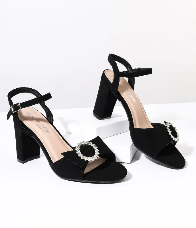 Trendy Peep Toe Platform Heels Crafted from Genuine Leather--Black Suede & Silver Rhinestone Peep Toe Heels