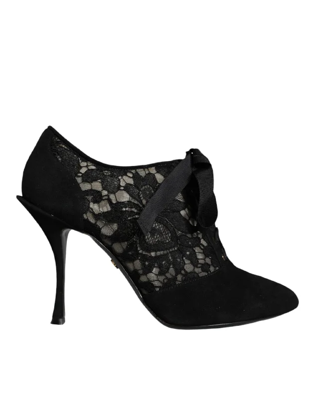 Stylish Lace Pumps for a Chic Look--Black Taormina Lace Up Stretch Heels Shoes