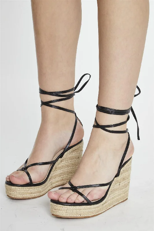 Stylish Lace Pumps for a Chic Look--Black Thin Lace Up Heeled Wedges