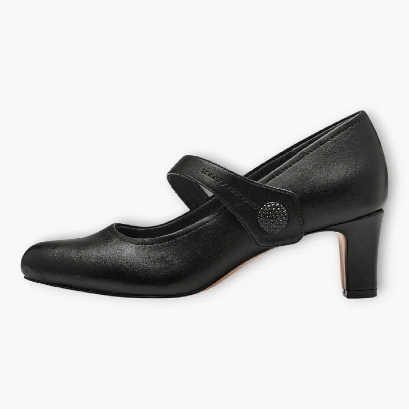 Trendy Chunky Heel Pumps for Casual Wear--Black Vegan Court Shoes with Block Heel & Cross Strap