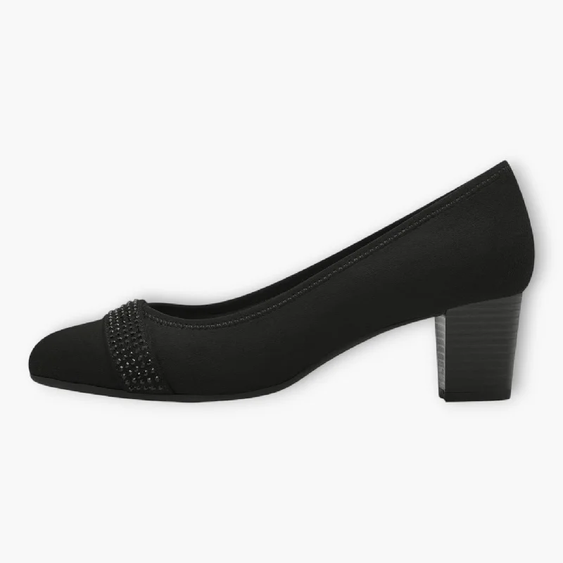 Affordable Suede Ankle Pumps for All-Day Wear--Black Vegan Suede Court Shoes with Block Heel & Strap Detail