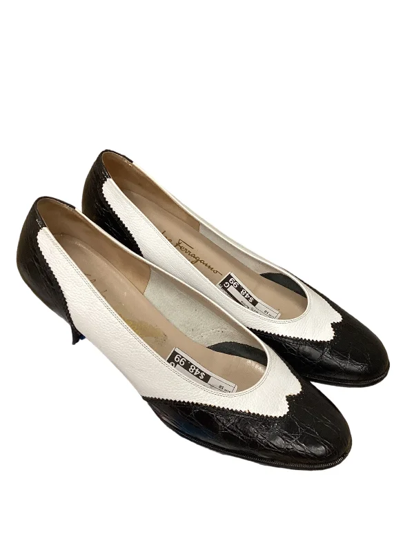 Designer Black & White Shoes Heels Block Ferragamo, Size 10---Fashionable Kitten Heels for Date Night