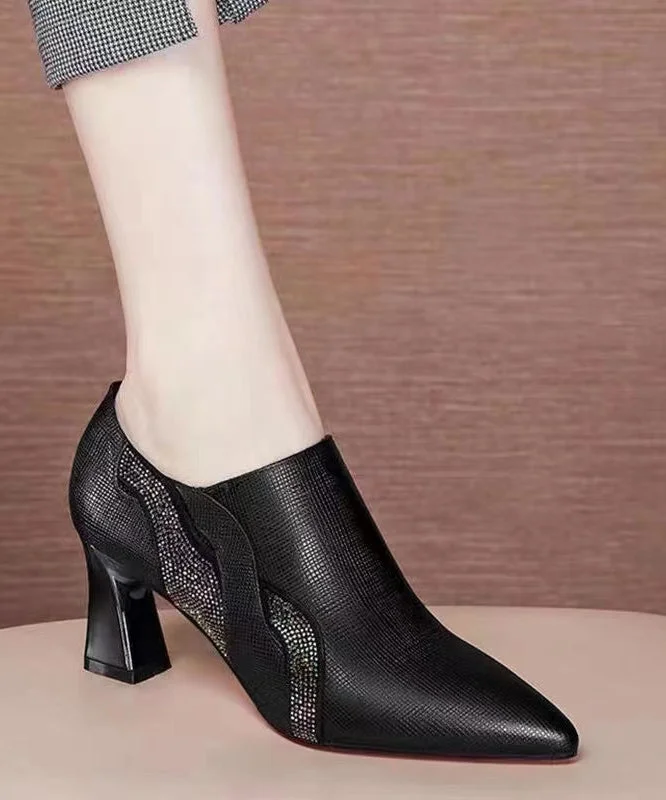 Stiletto Heel Pumps with Perfect Fit--Black Zircon Chic Splicing Versatile Chunky Pointed Toe-Fashionable & Classic