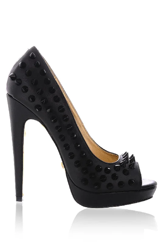 Stiletto Heel Pumps with Perfect Fit--BLINK FREYA Black Studded Peep Toes-Fashionable & Classic