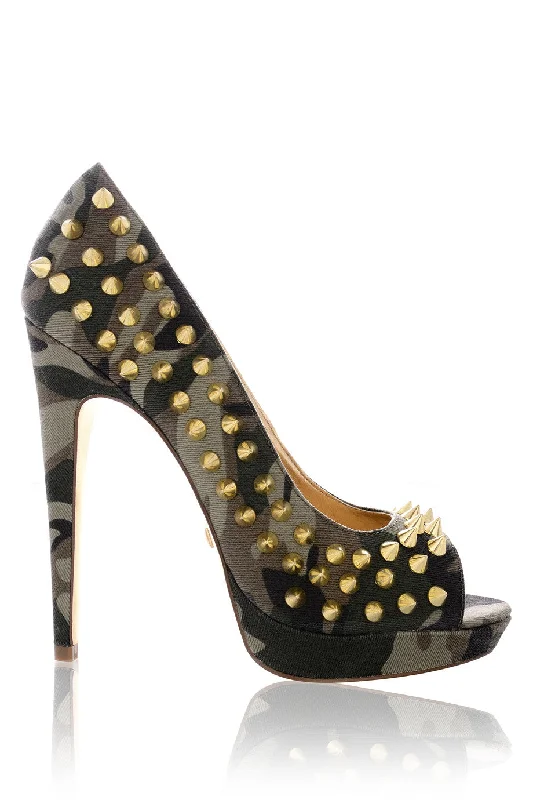 Stiletto Heel Pumps with Perfect Fit--BLINK FREYA Camouflage Studded Peep Toes-Fashionable & Classic