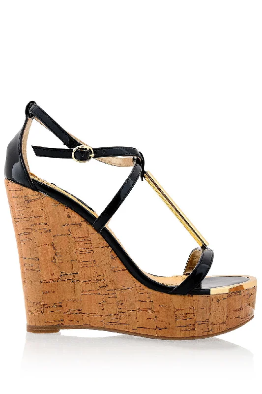 Sleek and Shiny Patent Pump Heels for a Polished Look--BLINK WINONA Black Patent Cork Wedges