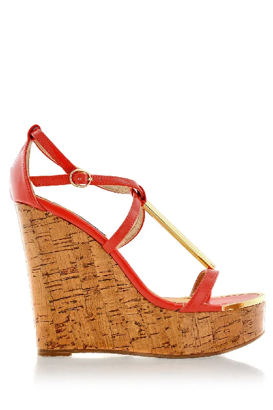 Sleek and Shiny Patent Pump Heels for a Polished Look--BLINK WINONA Coral Patent Cork Wedges