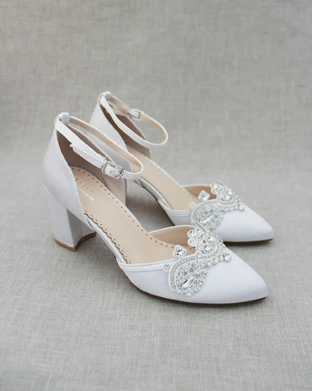 Trendy Chunky Heel Pumps for Casual Wear--Block Heel with Rhinestones Detail for Wedding