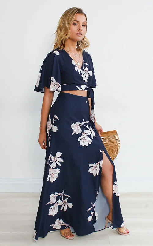 Women's denim skirts with button-down back for unique detail -Bloom And Grow Skirt - Navy Floral