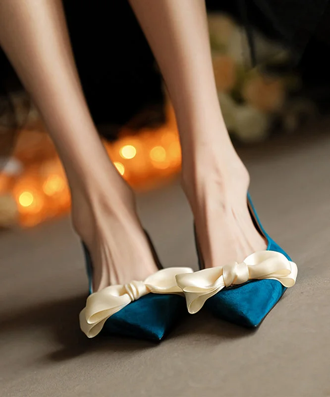 Stiletto Heel Pumps with Perfect Fit--Blue Bow Women Classy Splicing Flat Shoes For Pointed Toe-Fashionable & Classic