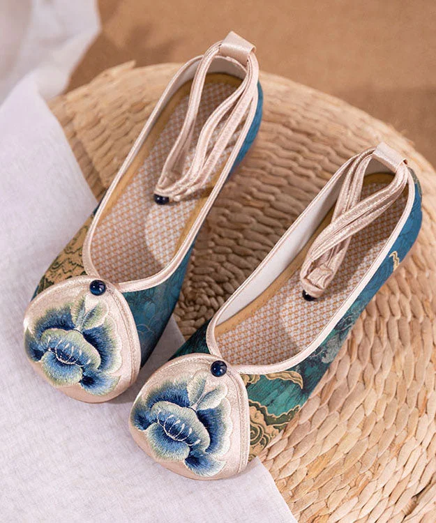 Versatile Dress Heels for Formal and Casual Wear---Blue Embroideried Chunky Shoes Cotton Fabric Classy Splicing