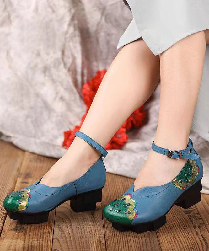 Blue High Heels Chunky Cowhide Leather Fine Splicing Buckle Strap---Comfortable Leather Pumps for Office and Everyday Wear