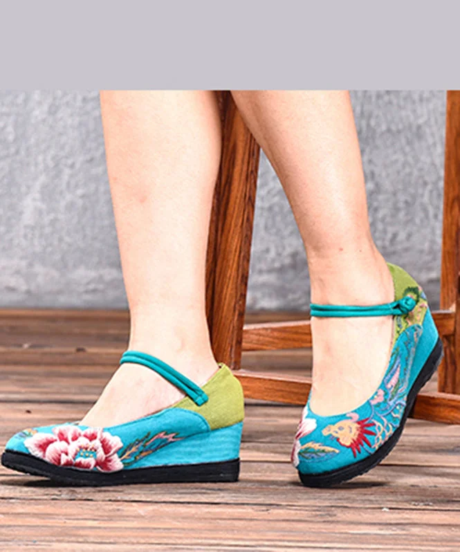 Versatile Heeled Sandals for Any Occasion---Blue High Wedge Heels Shoes Wedge Cotton Fabric Handmade Embroideried Patchwork Buckle Strap High Wedge Heels Shoes